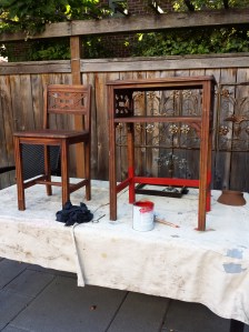 Before shows Telephone-Stand and Chair w small area painted w Annie Sloan Emperor Red chalk paint 